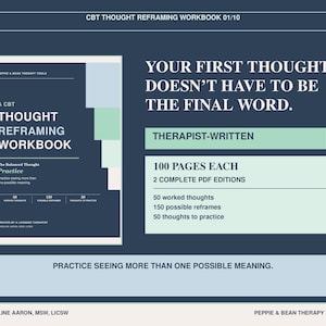 Puede incluir: Un libro de ejercicios de reencuadre de pensamientos CBT en azul oscuro con texto blanco. La portada dice: A CBT Thought Reframing Workbook, The Balanced Thought Practice. El gráfico incluye 50 pensamientos trabajados y 150 posibles reformulaciones.