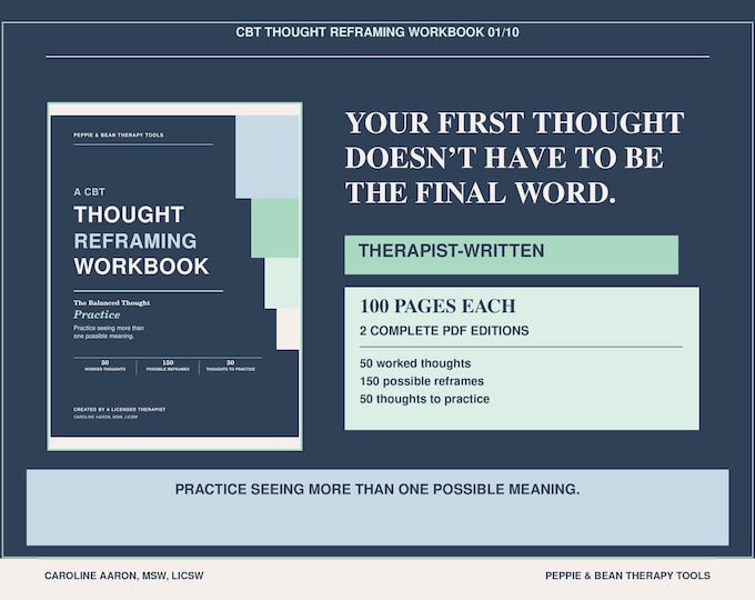 CBT Thought Reframing Workbook: Examples and Practice in Reframing Unhealthy Thinking Patterns Therapist Written PDF (Digital Download)