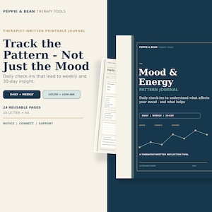 May include: A printable journal titled The Mood & Energy Pattern Journal by Peppie & Bean. The dark blue cover features white text, a line graph, and the subtitle Daily check-ins to understand what affects your mood - and what helps. Includes 24 pages.