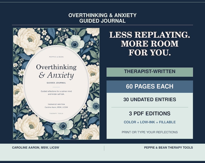 Overthinking & Anxiety Guided Journal, Therapist-Written, 30 Undated Entries, Printable and Fillable PDF (Digital Download)