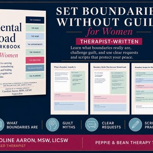 May include: The Mental Load Workbook for Women by Caroline Aaron, MSW, LICSW, is a softcover book featuring a white cover with dark blue and pink text. It includes three interior page samples, four circular icons, and the title Set Boundaries Without Guilt.