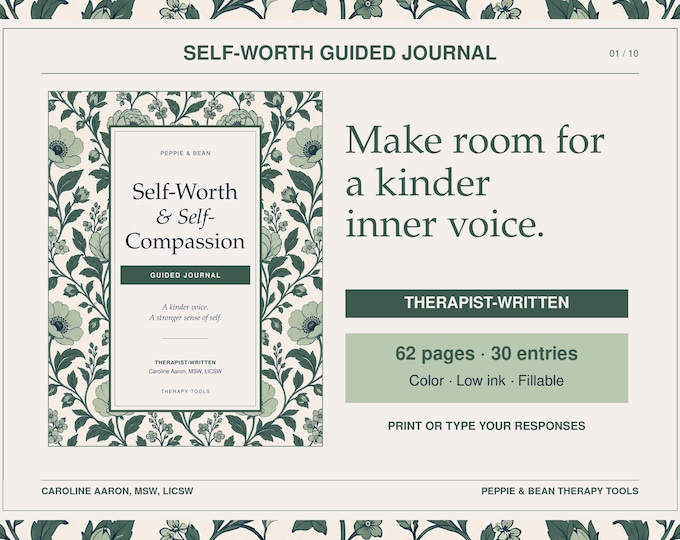 Therapist-Written Self-Worth & Self-Compassion Guided Journal, 30 Entries, Printable and Fillable PDF (Digital Download)