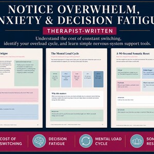 May include: A three-page educational document titled Notice Overwhelm, Anxiety & Decision Fatigue. The pages feature sections on Decision Fatigue, The Mental Load Cycle, and A 90-Second Somatic Reset, using pastel-colored boxes for text and prompts.