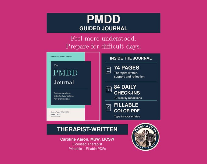 PMDD Journal and Symptom Tracker, Fillable and Printable PDFs, 84 Daily Check-Ins, Therapist-Written (Digital Download)