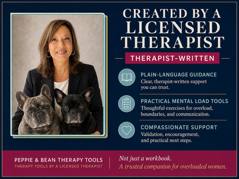 May include: A promotional graphic for Peppie & Bean Therapy Tools featuring a portrait of a therapist with two French bulldogs. Text includes CREATED BY A LICENSED THERAPIST, THERAPIST-WRITTEN, PLAIN-LANGUAGE GUIDANCE, PRACTICAL MENTAL LOAD TOOLS, and COMPASSIONATE SUPPORT.