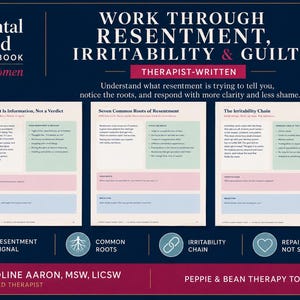 May include: A dark blue workbook titled The Mental Load Workbook for Women, featuring therapist-written content on resentment, irritability, and guilt. It displays three internal pages with sections on resentment signals, common roots, and the irritability chain.