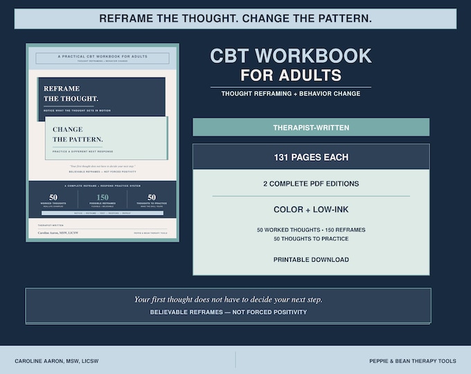 CBT Workbook for Adults: Thought Reframing, Cognitive Distortions & Behavior Change | 131-Page Printable PDF (Digital Download)