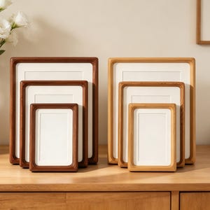 May include: Two sets of three nested rectangular picture frames with white matting. The left set features a dark brown wood finish, while the right set displays a lighter natural wood tone. Each frame has a smooth, rounded inner edge design.
