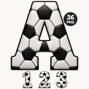 May include: A large letter A and the numbers 1, 2, and 3, all featuring a black and white soccer ball pattern with a textured leather-like appearance. A circular badge in the upper right corner displays the text 36 PNG in white on a black background.