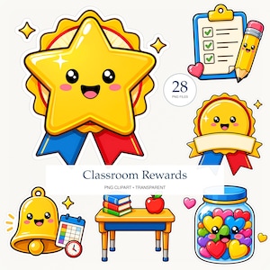 May include: A collection of classroom-themed digital stickers featuring a smiling yellow star award, a clipboard with a pencil, a blank award ribbon, a bell with a calendar, a desk with books and an apple, and a jar filled with colourful heart shapes.