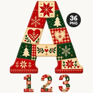 Patchwork Christmas Alphabet Clipart, A–Z Letters and Numbers, 36 Transparent PNG Files