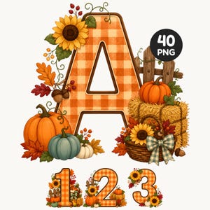 May include: A large letter A and numbers 1, 2, and 3 featuring an orange and white gingham pattern. The designs are decorated with sunflowers, pumpkins in orange, blue, and white, autumn leaves, acorns, a wooden fence, and a basket with a bow.