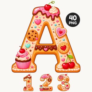 May include: A large letter A and the numbers 1, 2, and 3 decorated as biscuits with pink icing, sprinkles, hearts, cherries, cupcakes, and various baked goods. A black circle in the upper right corner contains the white text 40 PNG.