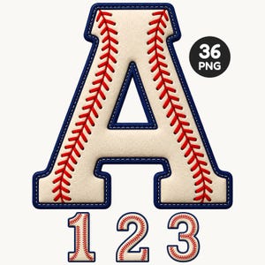 Op de afbeelding: Een grote letter A en de cijfers 1, 2 en 3 ontworpen met een crèmekleurig gestructureerd oppervlak, rode stiksels in baseballstijl en een donkerblauwe rand. Een kleine zwarte cirkel in de rechterbovenhoek bevat de witte tekst 36 PNG.