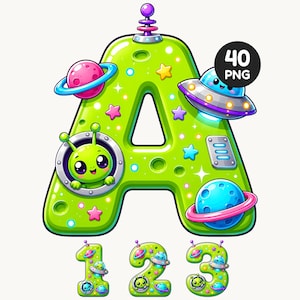 May include: A bright green letter A decorated with space-themed elements including a pink planet with a blue ring, a blue planet with a pink ring, a flying saucer, and a green alien in a porthole. Below are the numbers 1, 2, and 3 in the same style.