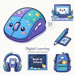 May include: A collection of digital learning clipart featuring a blue computer mouse with yellow stars, a laptop with a smiling screen, a pen with a tablet showing A+, headphones with a notebook, a chalkboard with Back to School text, and a backpack.