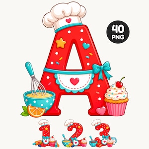 May include: A large red letter A wearing a white chef hat, decorated with sprinkles, a star, and a heart. It features a blue apron, a whisk in a polka-dot bowl, an orange slice, and a cupcake. Below are smaller numbers 1, 2, and 3 with similar baking themes.