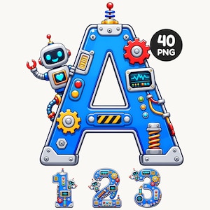 May include: A large blue letter A decorated with mechanical robot parts, gears, a spring, and a small robot with a glowing heart. Below are the numbers 1, 2, and 3, also styled with robot components. A black circle in the corner displays the text 40 PNG.