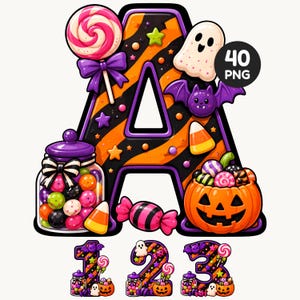 May include: A large letter A with orange and black stripes, decorated with a pink lollipop, a white ghost, a purple bat, candy corn, a jar of colorful gumballs, and a jack-o'-lantern. Below are the numbers 1, 2, and 3 with matching designs.