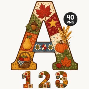 Puede incluir: Una letra A mayúscula grande y los números 1, 2 y 3, todos con un diseño de patchwork con motivos otoñales que incluyen hojas de arce, bellotas, una pera, una calabaza, espigas de trigo y una cesta de frutas. Un círculo negro muestra 40 PNG.