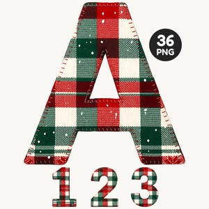 Può includere: Un grafico digitale della lettera A e dei numeri 1, 2 e 3, tutti caratterizzati da un motivo scozzese rosso, verde e bianco con un effetto bordo cucito e piccoli punti bianchi. Un badge circolare nero in alto a destra mostra il testo 36 PNG.