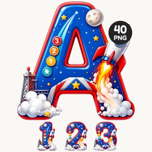 May include: A large blue letter A with a red border, decorated with a space theme including a moon, stars, a launch tower, and a rocket ship with orange flames and white smoke. Below are the numbers 1, 2, and 3 in the same space-themed style.