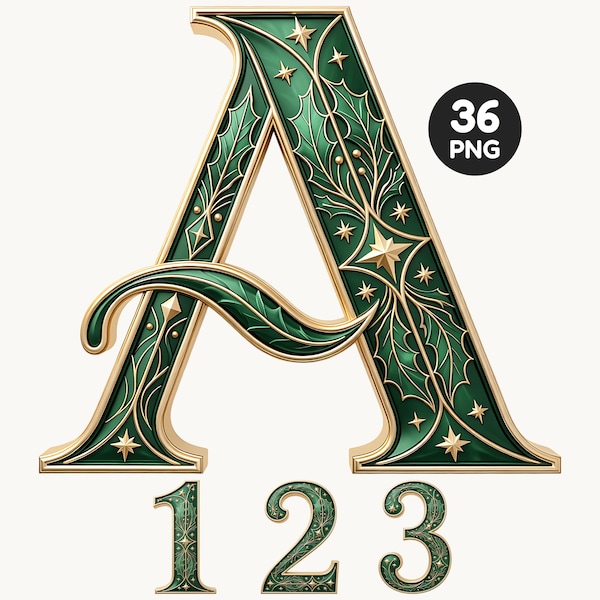 Emerald Green Gold Christmas Holly Alphabet Clipart, A–Z Letters and Numbers (36 PNG Files)