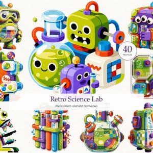Op de afbeelding: Een verzameling kleurrijke digitale illustraties met cartoonrobots, laboratoriumglaswerk, reageerbuizen en een microscoop. De afbeeldingen bevatten diverse geometrische patronen en heldere kleuren. De tekst luidt Retro Science Lab PNG CLIPART INSTANT DOWNLOAD.