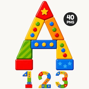 Può includere: Una grande lettera A costruita con blocchi da costruzione colorati con punti, strisce e stelle, accompagnata dai numeri 1, 2 e 3 in uno stile coordinato. Un badge circolare nero mostra il testo 40 PNG.