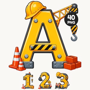 May include: A large yellow letter A designed with construction elements including a hard hat, a crane, and bolts. Beside it are orange traffic cones and red bricks. Below are the numbers 1, 2, and 3, also styled with construction equipment.
