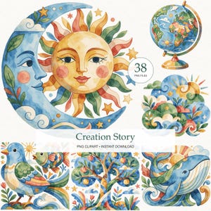 Puede incluir: Una colección de ilustraciones en acuarela que presenta un rostro de sol y luna, un globo terráqueo, nubes, un pájaro, un pez, un árbol con frutas y una ballena. El texto dice 38 PNG FILES y Creation Story PNG CLIPART INSTANT DOWNLOAD.
