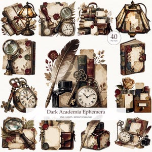 May include: A collection of digital illustrations featuring vintage items including books, quill pens, ink bottles, magnifying glasses, pocket watches, keys, and wax seals. The set includes 40 PNG files labelled Dark Academia Ephemera PNG Clipart Instant Download.