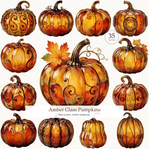 Peut inclure: Une collection de citrouilles en verre ambré ornées de volutes et de motifs tourbillonnants. L'ensemble comprend diverses formes et tailles, certaines décorées de feuilles d'automne. Le texte Amber Glass Pumpkins PNG CLIPART INSTANT DOWNLOAD est visible.