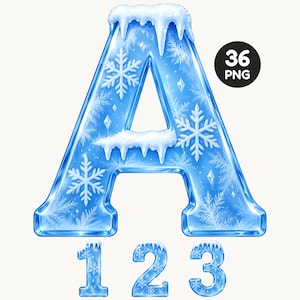 May include: A digital graphic of the letter A and the numbers 1, 2, and 3, rendered in a translucent blue ice texture with white snowflake patterns and realistic snow and icicle accents on top. A black circular badge displays the text 36 PNG.