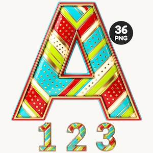 May include: A large, stylised letter A and the numbers 1, 2, and 3, featuring a vibrant pattern of diagonal stripes in red, lime green, and turquoise, accented with gold metallic borders and small gold dots on a white background with a 36 PNG label.