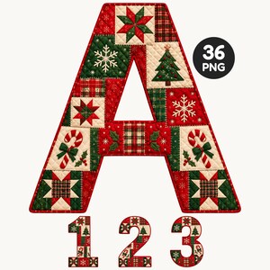 Christmas Quilt Alphabet Clipart, A–Z Letters and Numbers, 36 Transparent PNG Files