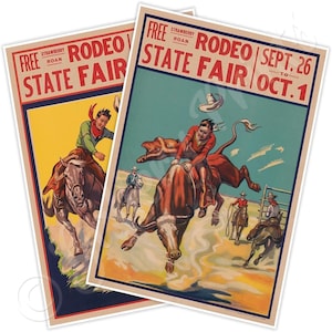 Conjunto de dos (2) anuncios de la Feria Estatal de Rodeo / Impresiones artísticas gratuitas de vaqueros Strawberry Roan / Reimpresiones de carteles antiguos, decoración de pared, anuncios de viajes
