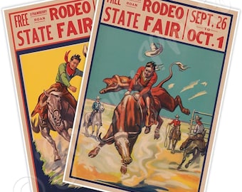 Set of Two (2) Rodeo State Fair Advertisements | Free Strawberry Roan Cowboy Art Prints | Vintage Poster Reprints Wall Decor Travel Ads