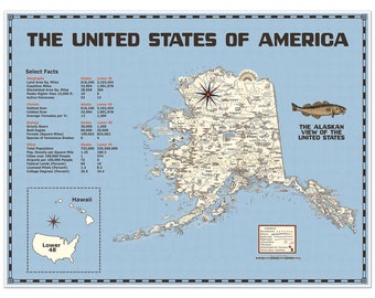 Alaskan View of the USA | Payback for Alaska being squeezed in a box south of Arizona | Vintage Style Alaska Map Wall Decor Art Print Poster