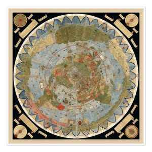 Puede incluir: Una impresión de mapa del mundo de estilo vintage con un diseño circular. El mapa muestra masas terrestres en verde, marrón y rojo sobre un océano azul. Tiene elementos decorativos alrededor y un borde negro.