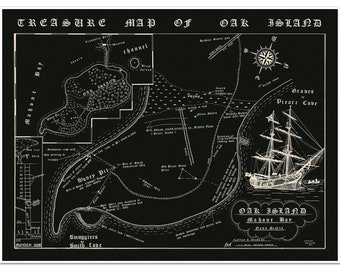 Carte des chasseurs de trésors d&#39;Oak Island | Nouvelle-Écosse Canada | Affiche imprimée d&#39;art mural vintage
