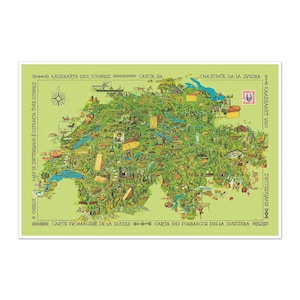 Swiss Cheese Map of Switzerland | Art Print Poster Vintage Wall Decor | Gastronomy Tourist Gastronomic Foodie Map | Dairy Farms & Factories