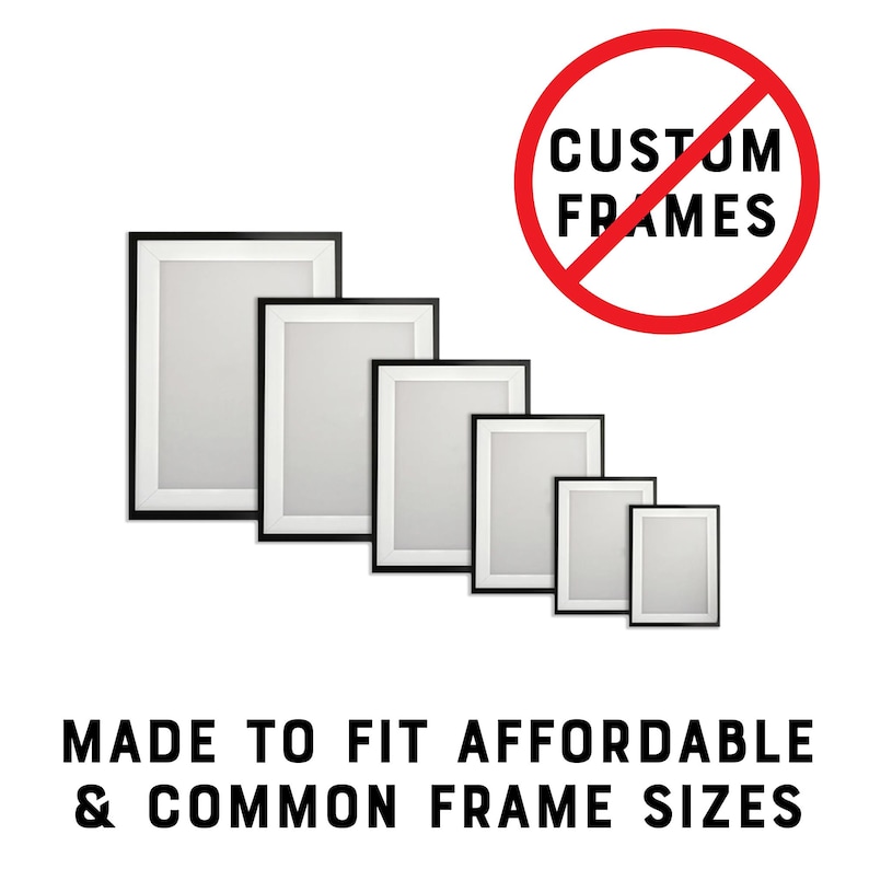 Puede incluir: Una serie de marcos negros para cuadros de varios tama&ntilde;os, ordenados de mayor a menor. El texto "MADE TO FIT AFFORDABLE & COMMON FRAME SIZES" se muestra debajo de los marcos. Un c&iacute;rculo rojo con la frase "CUSTOM FRAMES" tachada.