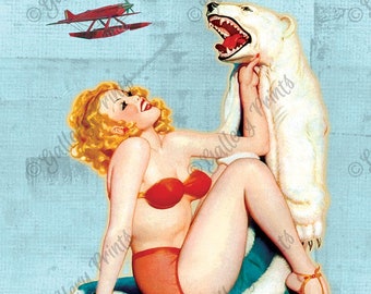 Visit ALASKA Travel Print Advertisement - Vintage Style Polar Bear Pinup Poster with Seaplane