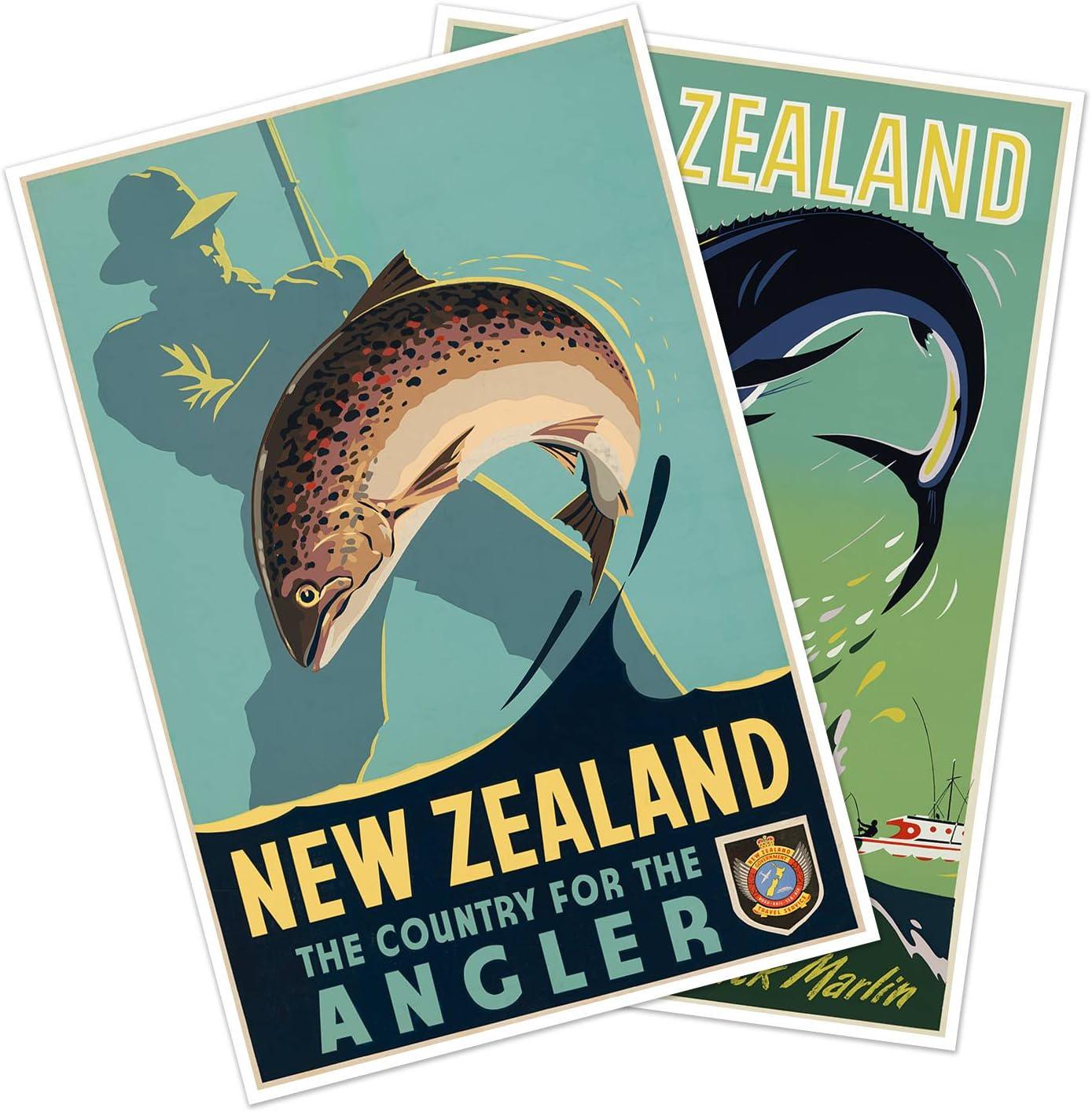 Set of Two (2) New Zealand Fishing Travel Advertisement Prints