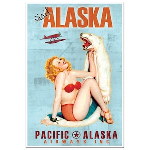 Besuchen Sie ALASKA Travel Print Werbung | Eisbär Wasserflugzeug Reise Poster | Kunstdruck Vintage Anzeige Wanddekor | Pazifik Alaska Fluglinien