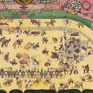 Puede incluir: Ilustraci&oacute;n vintage y colorida de una escena de rodeo. Vaqueros a caballo y a pie participan en varios eventos, incluyendo el lazo de terneros y la decoraci&oacute;n de toros. La multitud observa desde las gradas. La palabra "Reata" es visible.