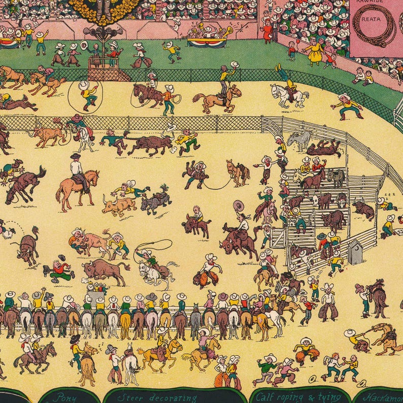 Puede incluir: Ilustraci&oacute;n vintage y colorida de una escena de rodeo. Vaqueros a caballo y a pie participan en varios eventos, incluyendo el lazo de terneros y la decoraci&oacute;n de toros. La multitud observa desde las gradas. La palabra "Reata" es visible.
