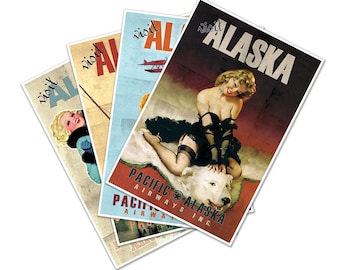 Set of Four (4) Visit ALASKA Travel Prints | Polar Bear Pinup Girl Travel Ads | Art Print Poster Vintage Wall Decor Retro Fishing Airplane