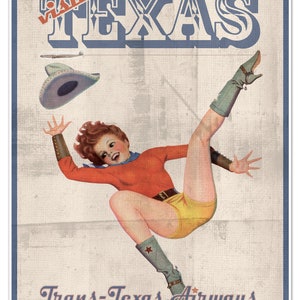 Visit TEXAS via Trans-Texas Airways Travel Print Werbung - Vintage Style Cowgirl Pinup Poster mit Starship Flugzeug der Airline in Beige